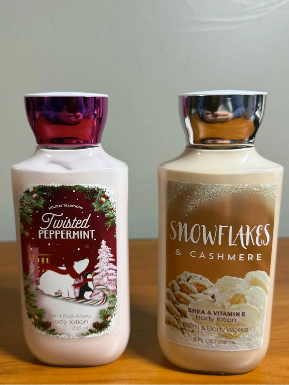 New Set of 2 Bath and Body Works Lotion Twisted Peppermint Snowflakes & Cashmere